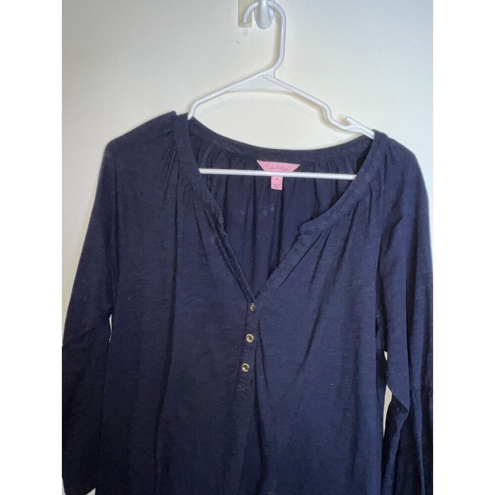 Lilly Pulitzer Navy Blue 3/4 Sleeve Button-Front Top Size M - Picture 3 of 10